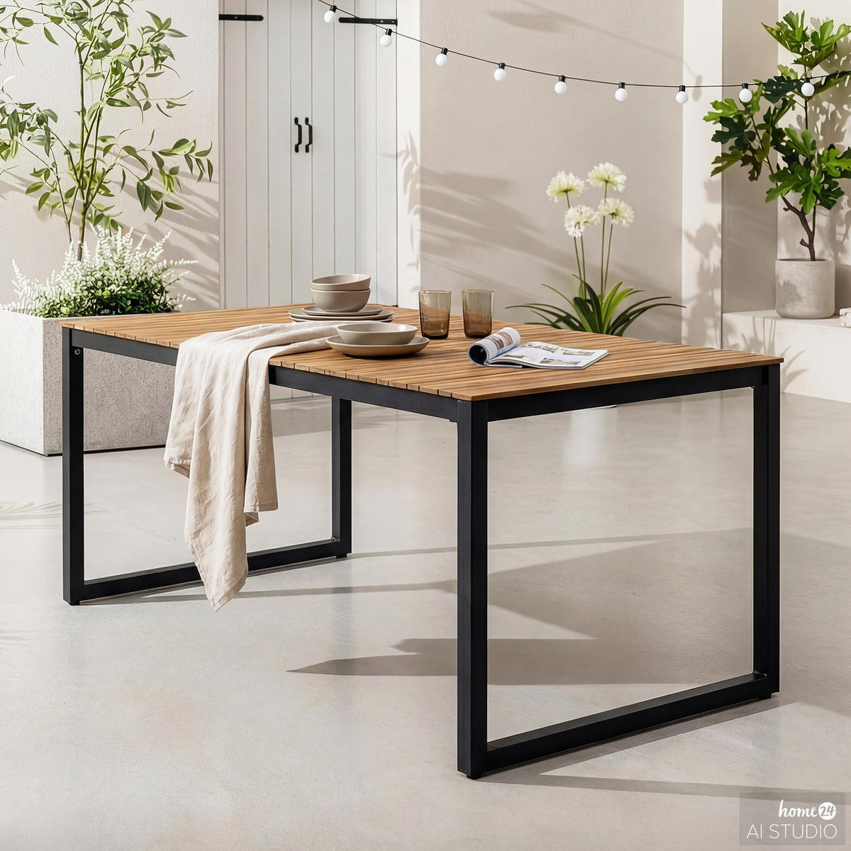 GARTENTISCH - Akazie massiv / Stahl - Braun / Schwarz - Schwarz/Akaziefarben, Holz/Metall (89/162/75cm) - home24