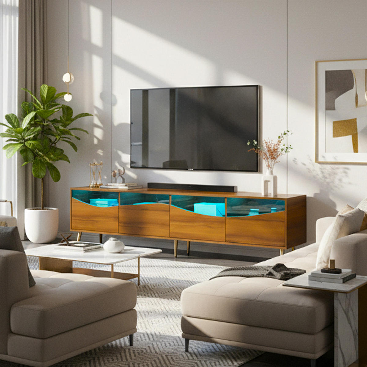 TV-SCHRANK 180 cm Mit LED-Beleuchtung, Glasfront, goldenen Metallfüßen Walnussfarben, Stauraum für Wohnzimmer - Braun, Holzwerkstoff (180/50/40cm) - Urban Meuble