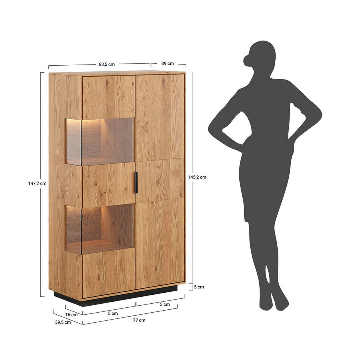 VITRINE Tirano Eiche Natur / Lamellen schwarz 83 / 39 / 147cm - Eichefarben/Schwarz, Holz/Metall (83/147/39cm) - Feldmann-Wohnen