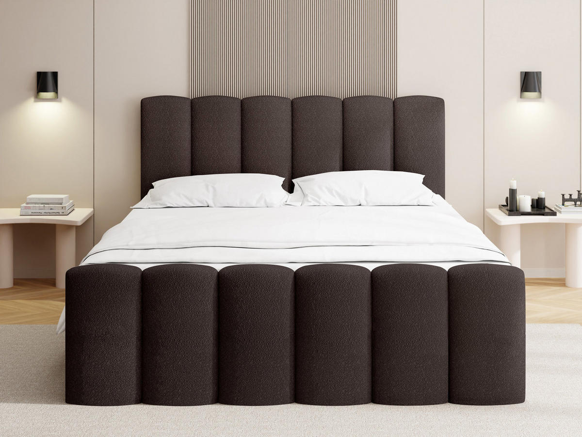 BOXBETT Serenity mit Bettkasten, Boucle Braun 140x200 cm – inkl. H4 Taschenfederkern Matratze & Foam Topper - Schwarz/Braun, Holz/Holzwerkstoff (140/200cm) - WFL GROUP