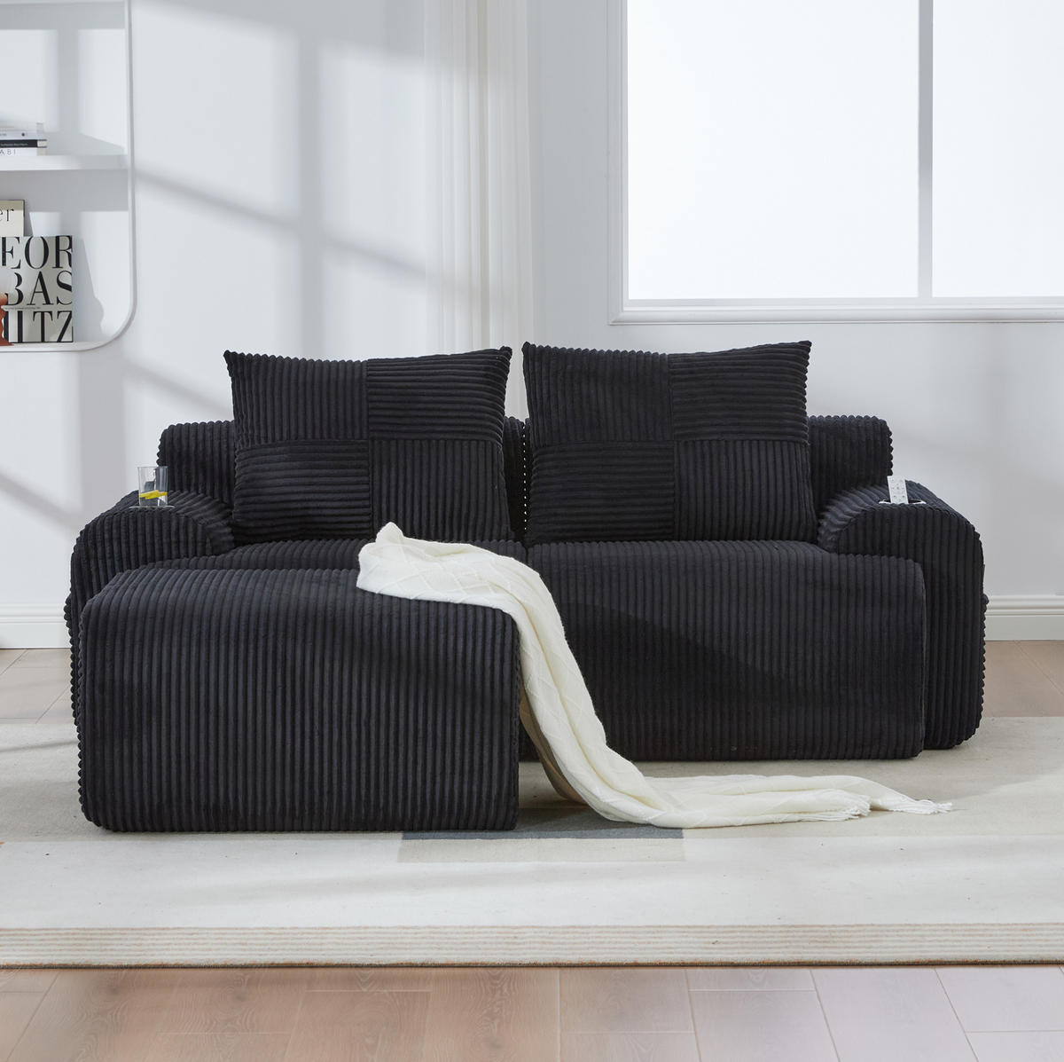 SOFA modular 200 x 174 cm Corduroy Black mit Cupholder - Schwarz, Kunststoff (174/200cm) - Meubliv