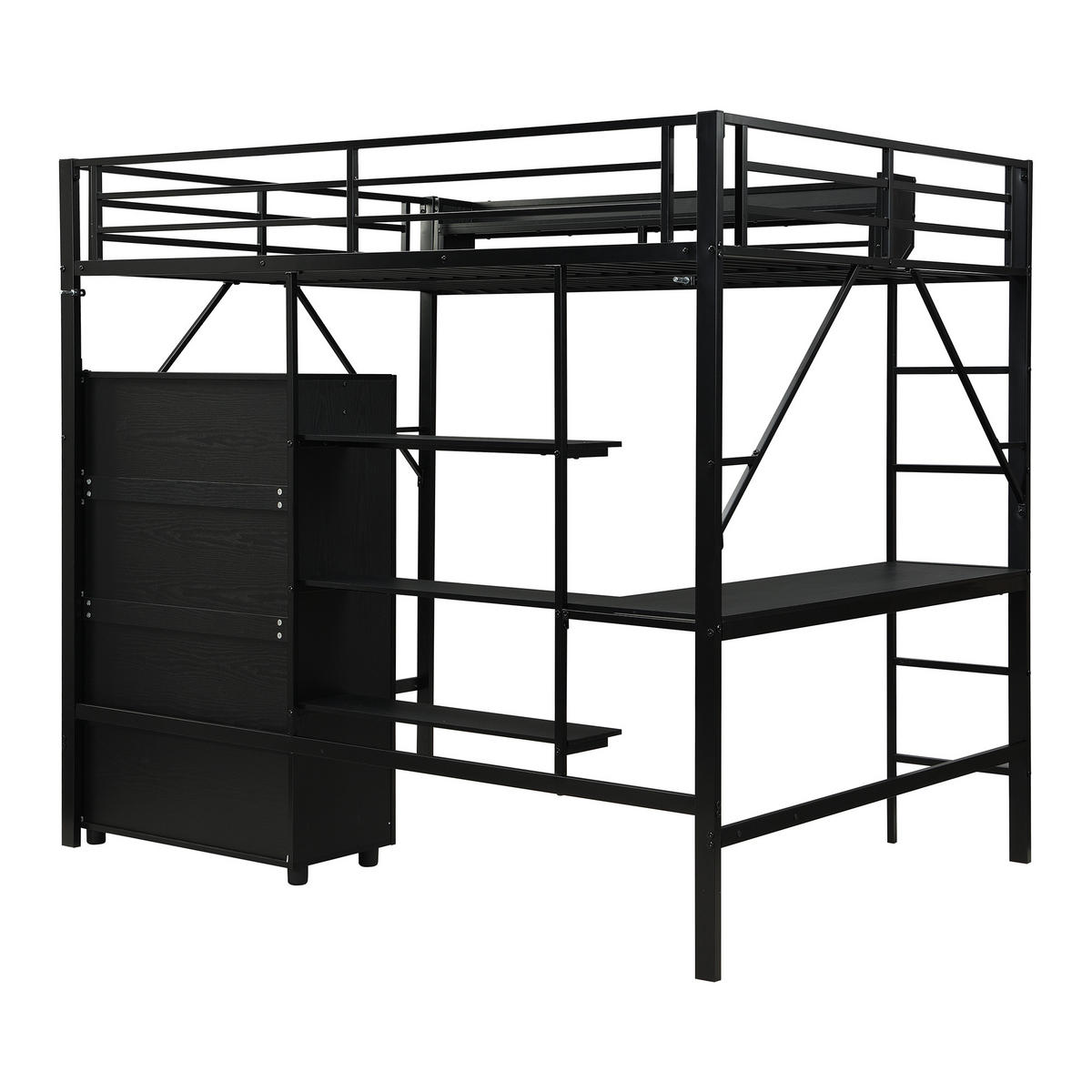 HOCHBETT aus MDF & Metall 140x200 cm in Schwarz mit Schreibtisch & Kleiderschrank - Schwarz, Holzwerkstoff (140/200cm) - Modfu