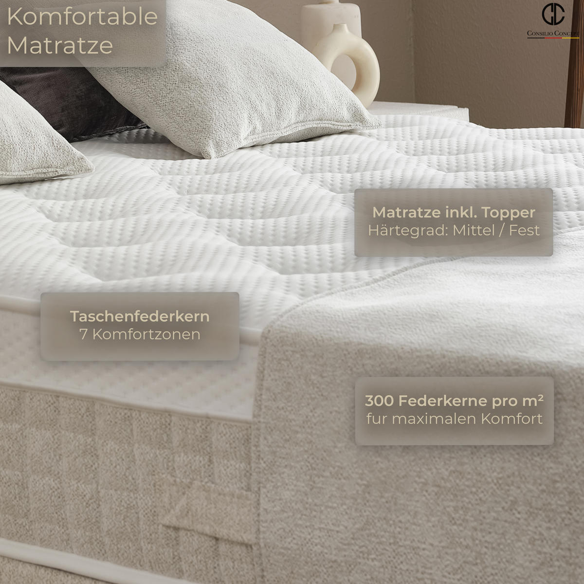 BOXSPRINGBETT MIT BETTKASTEN FREYA 90/200 cm, Ivory, Bettkasten, Matratze, Topper integriert, H3 mittel 7-Zonen Matratze - Creme/Schwarz, Holz/Kunststoff (90/200cm) - Consilio Concept