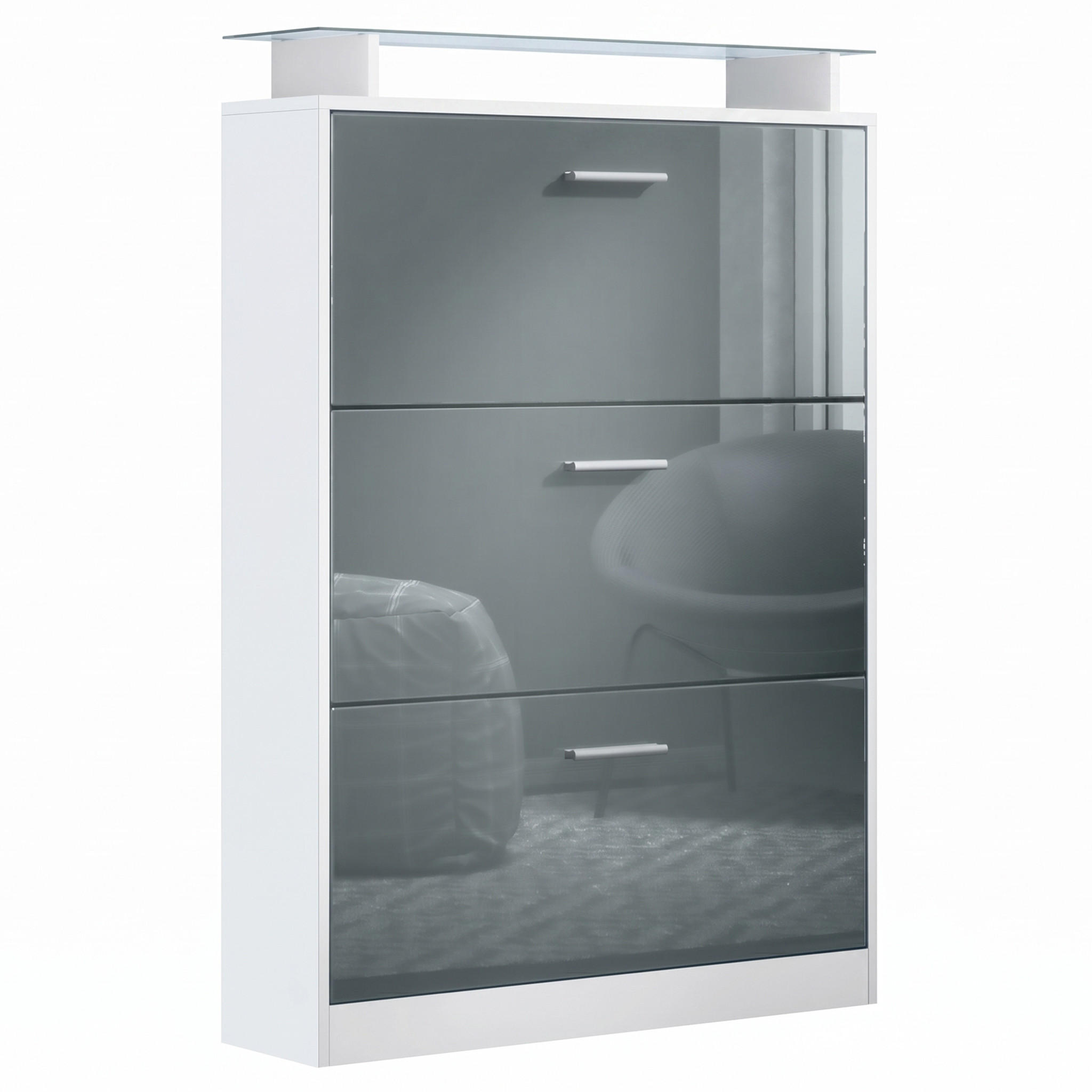 SCHUHSCHRANK Lavia Front in Grau Hochglanz - Grau, Holzwerkstoff (89/128/23cm) - Vladon