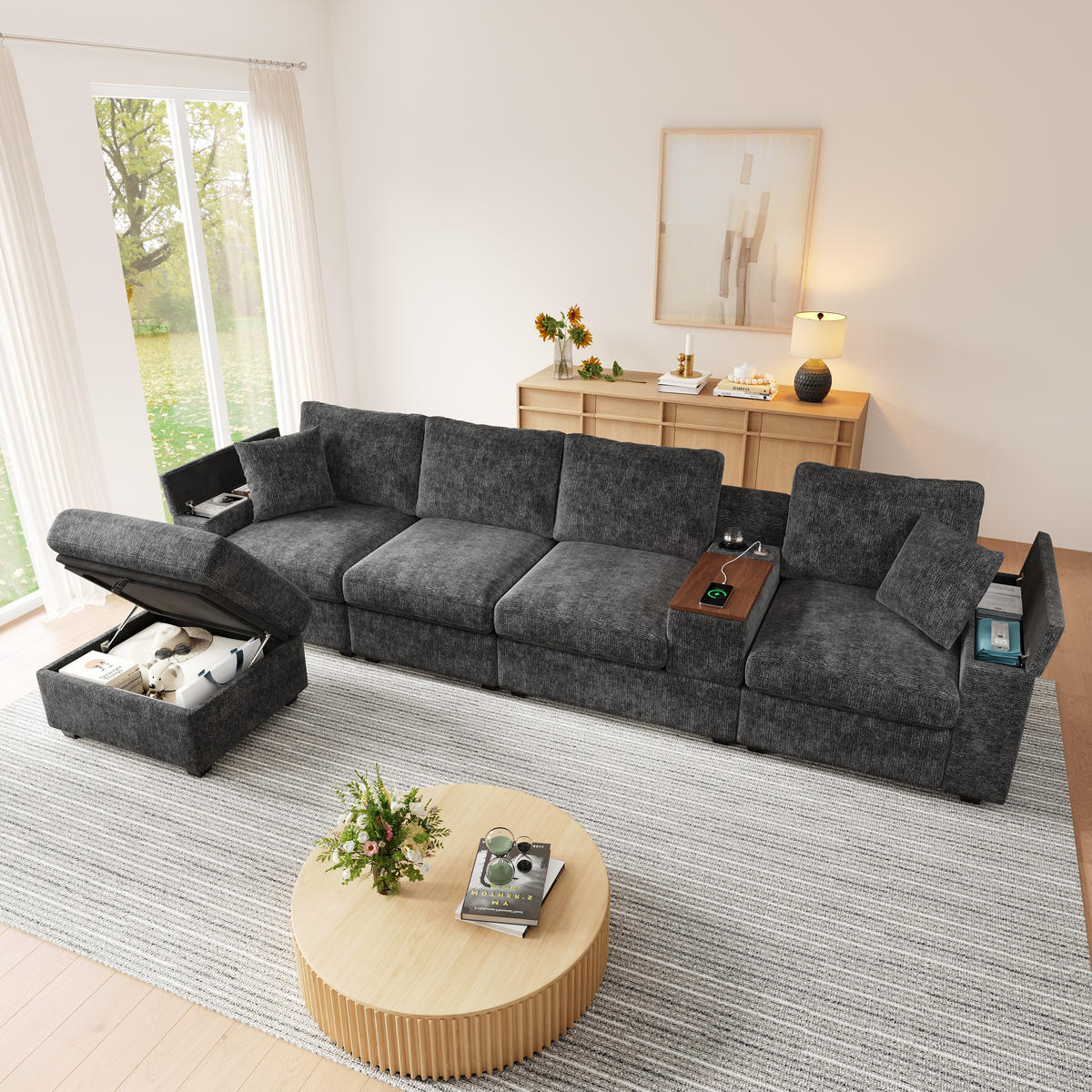 ECKSOFA mit USB/Type-C, Stauraum und drehbarem Couchtisch - Grau, Textil (313/147cm) - EVRYAE