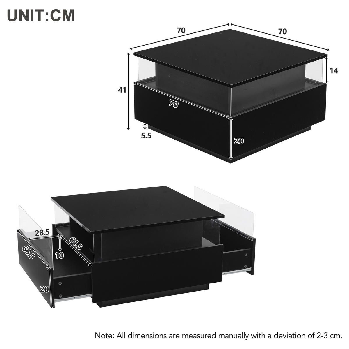 COUCHTISCH mit LED 70x70 cm Schwarz mit 2 Schubladen - Schwarz, Holzwerkstoff (70/70/41cm) - Meubliv