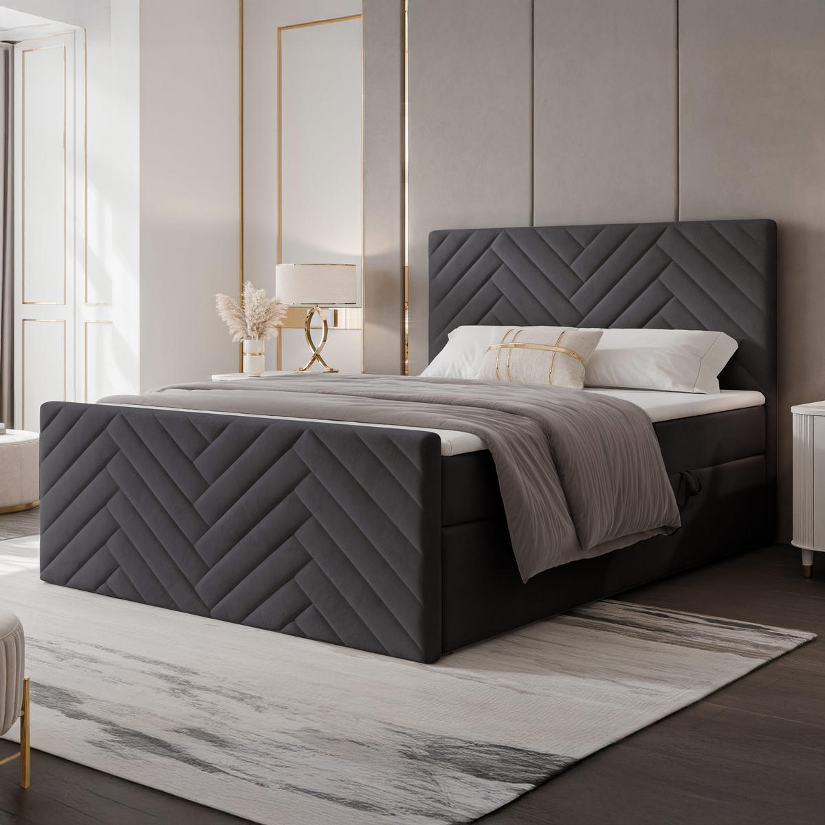 BOXBETT NEREA PLUS 200/200 cm mit Matratze und Topper, Dunkelgrau - Dunkelgrau, Holzwerkstoff/Textil (200/200cm) - Idohome