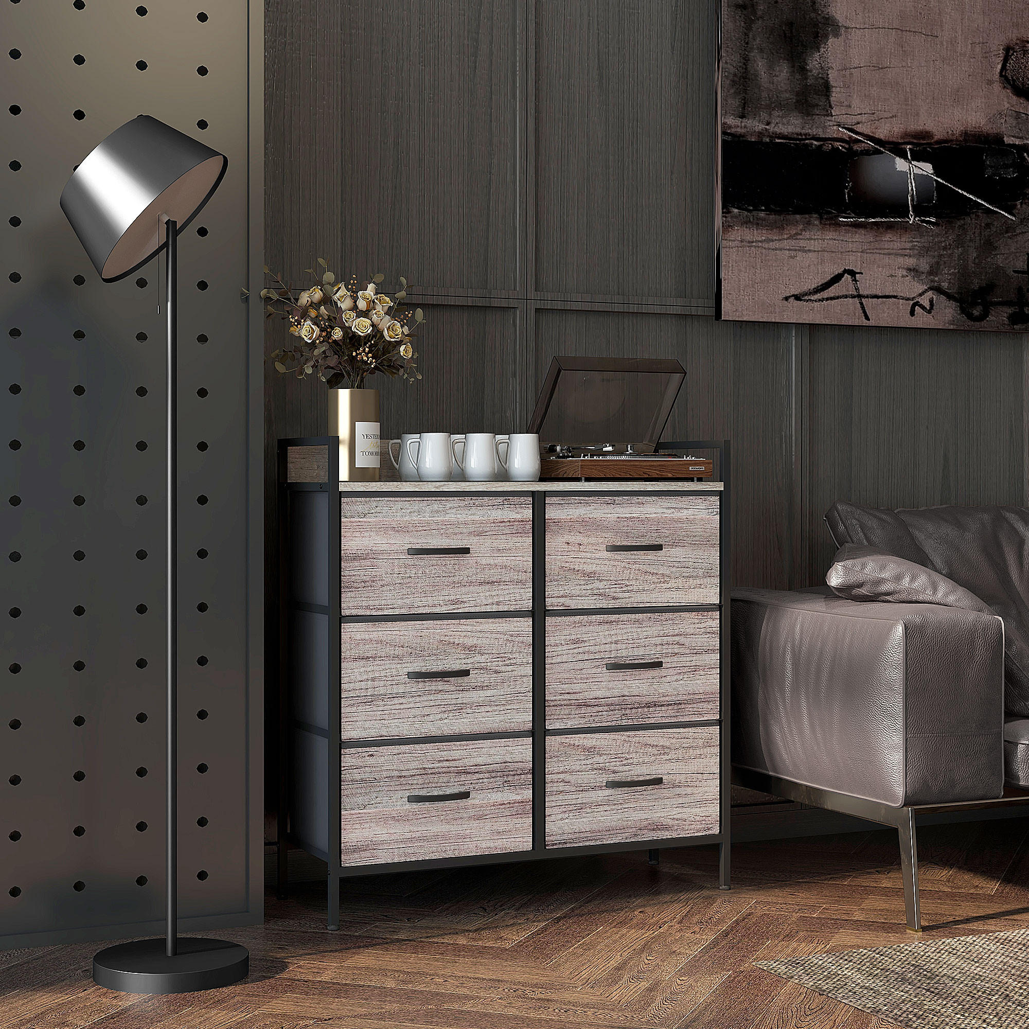 KOMMODE mit 6 Schubladen aus Stoff , Industrie-Design Grau - Grau, Textil (79/85/29cm) - HOMCOM
