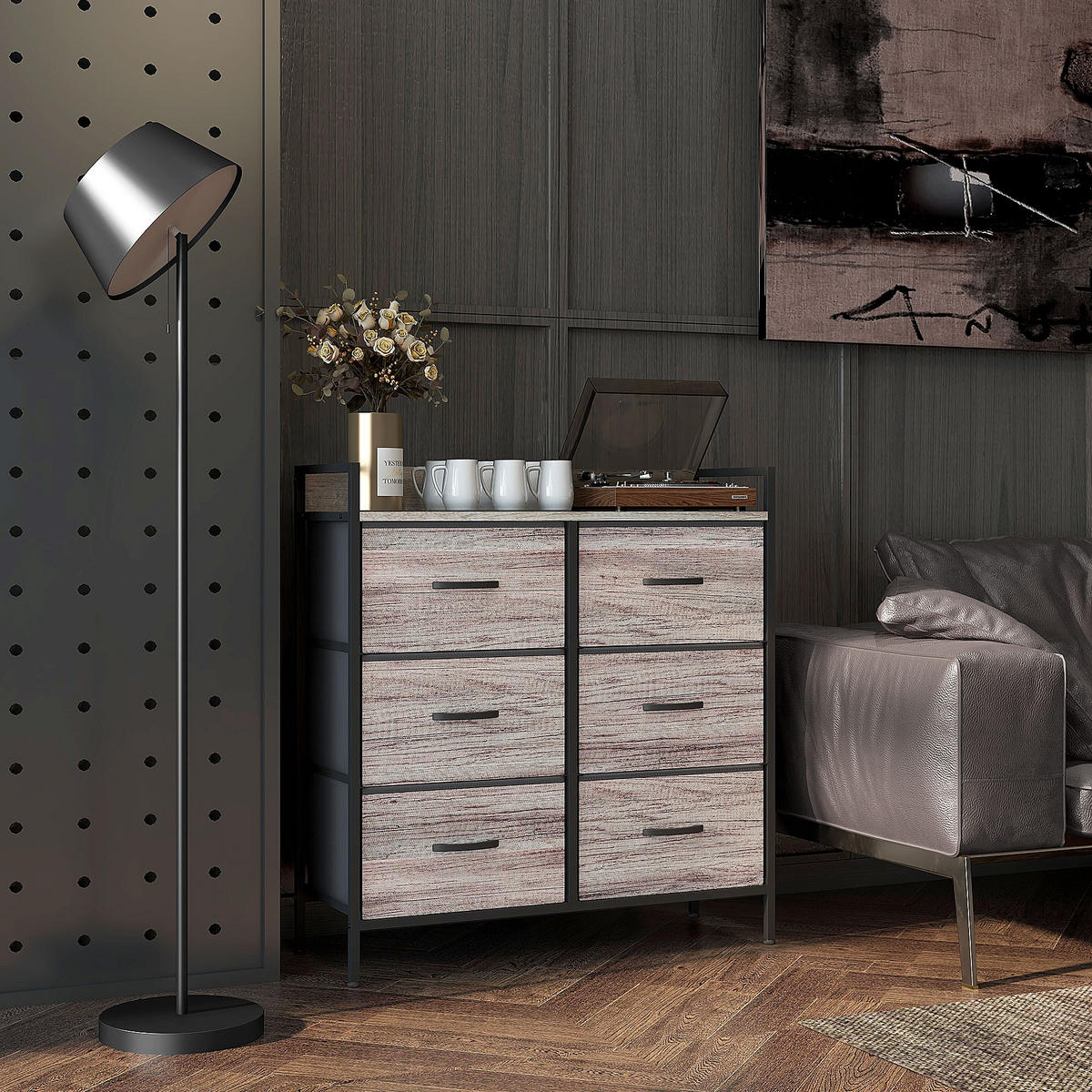 KOMMODE mit 6 Schubladen aus Stoff Aufbewahrungsschrank mit Holzoptik Grau - Grau, Textil (29/85/79cm) - HOMCOM