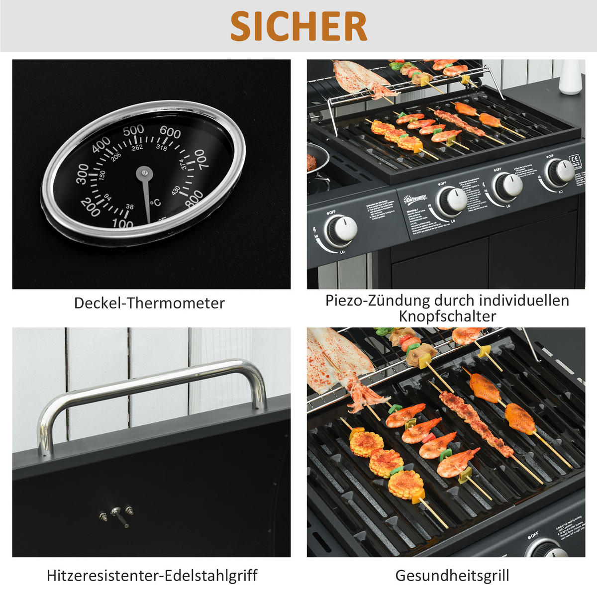 GASGRILL mit 3 Brennern 1 Seitenbrenner Stahl Schwarz 110 x 50 x 100 cm - Schwarz, Metall (50/100/110cm) - Outsunny