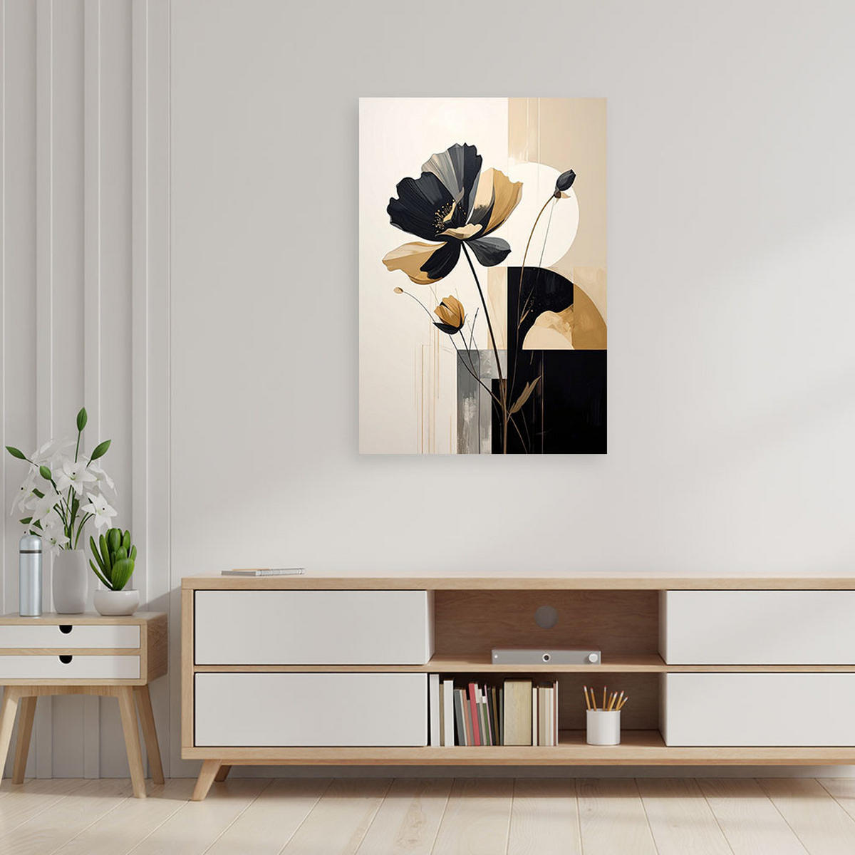 LEINWANDBILDER, Beige und schwarze Blumen in einer modernen dekorativen Komposition - Beige, Textil (40/60cm) - Feeby