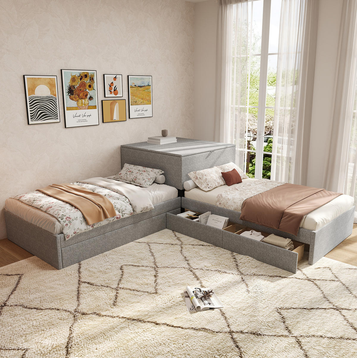 POLSTERBETT aus Leinen 90x200 cm in Grau mit Ausziehbett & Stauraum - Grau, Textil (90/200cm) - Modfu