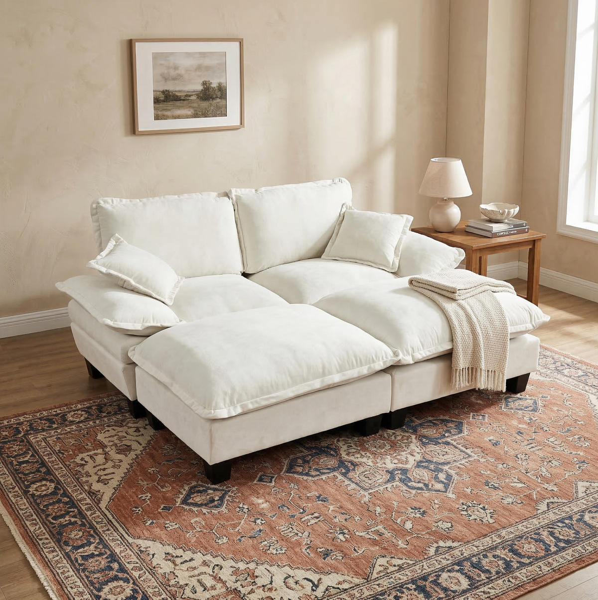 ECKSOFA 194/151/90 cm beige aus Chenille mit Ottomanen - Beige, Textil (151/194cm) - OKWISH