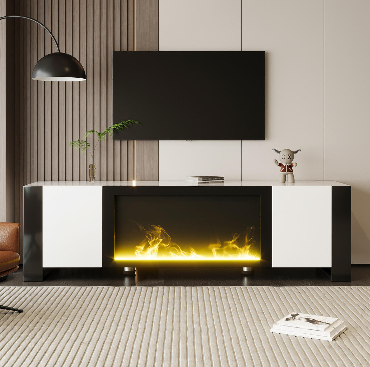 TV-LOWBOARD 165/32/55 cm mit Elektrokamin und Push-to-Open - Schwarz, Holzwerkstoff (165/55/32cm) - BEAOK