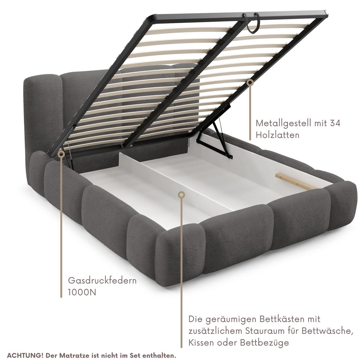 POLSTERBETT BLANCO mit Bettkasten, Bett 120x200, Doppelbett mit Stauraum und Lattenrost, ohne Matratze, Schlafzimmer - Grau - Grau, Holz/Textil (120/200cm) - Furnistar