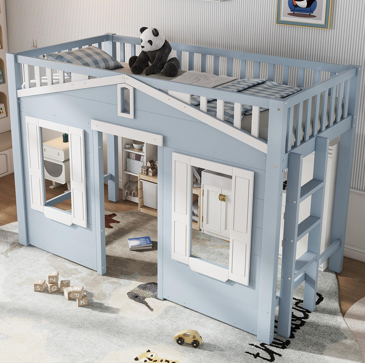 HOCHBETT aus Kiefernholz und MDF 90x200 cm Weiß/Blau mit flexibel montierbarer Treppe - Blau, Holzwerkstoff (90/200cm) - IVMEU