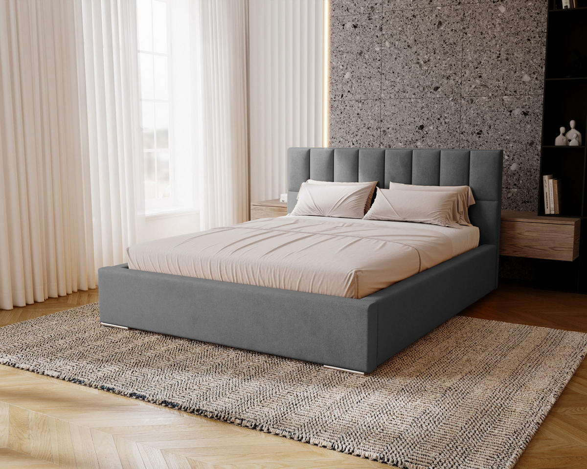 POLSTERBETT Dream 180x200 cm, Doppelbett mit Bettkasten, Lattenrost und Matratze aus Holz, Velourstoff: Dunkelgrau - Dunkelgrau, Holz/Kunststoff (180/200cm) - Marpur
