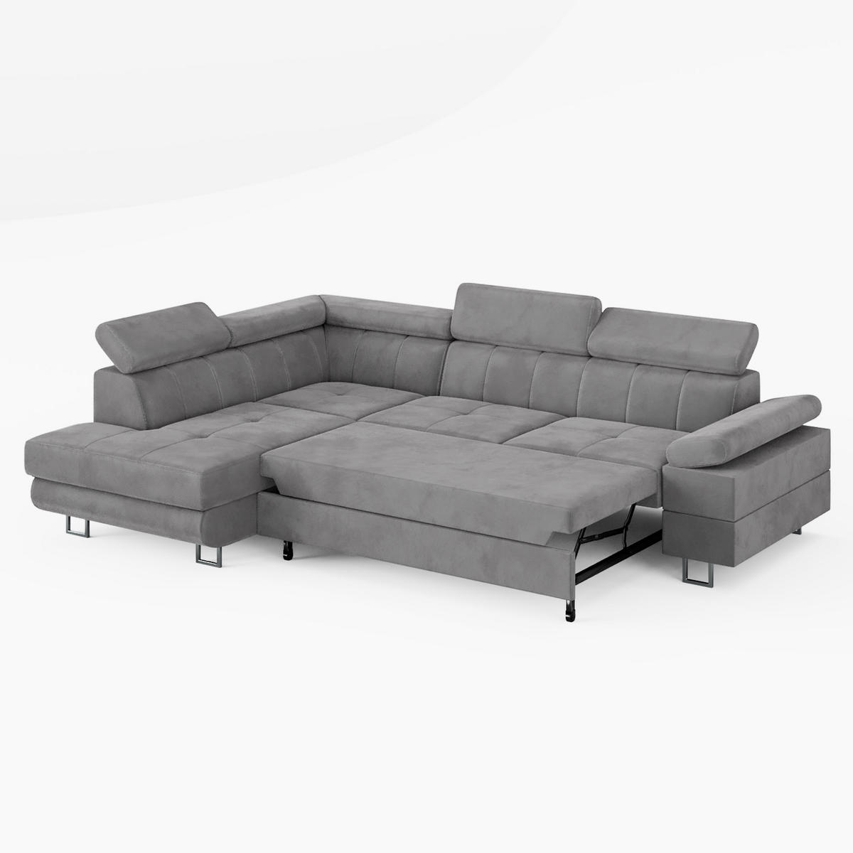 ECKSOFA CAROLINE Links Braun Velours-Stoff mit Schlaffunktion und Bettkasten - Chromfarben/Dunkelbraun, Textil (253/190cm) - Barchello