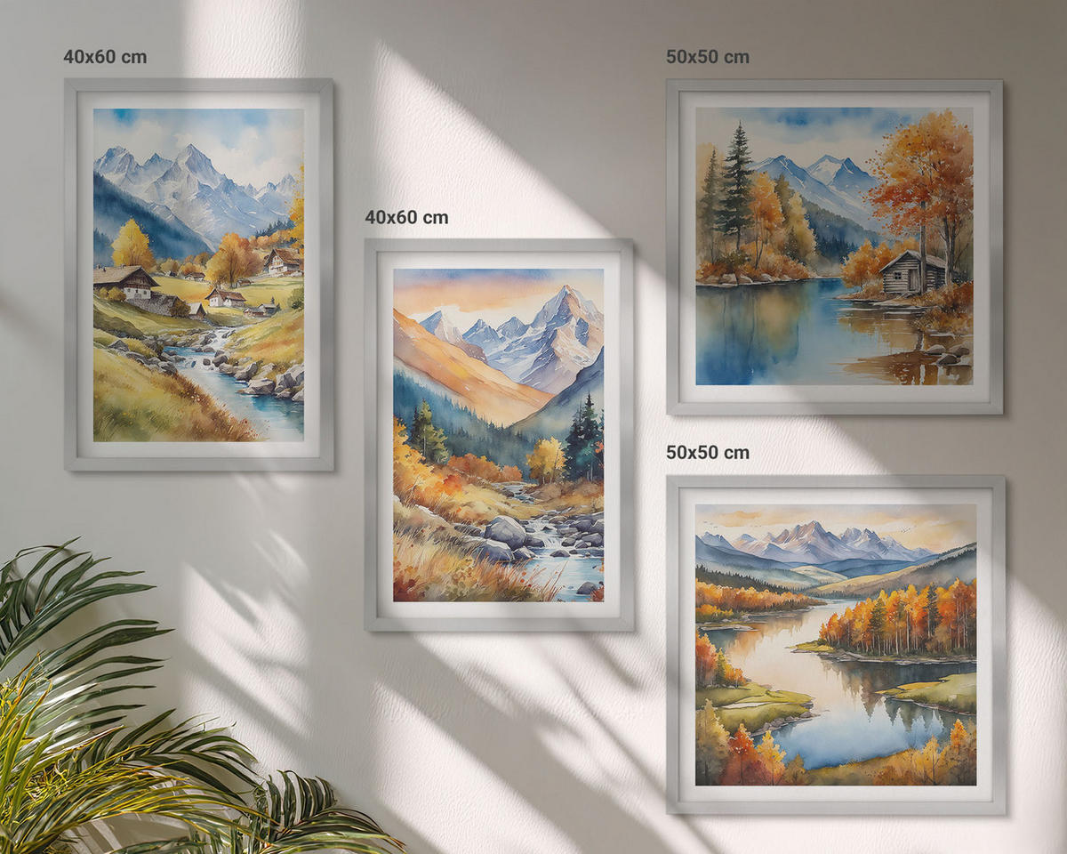 WANDBILDER 4er Set - 50x50 cm & 40x60 cm Silberner Rahmen - Herbstliche Naturlandschaften - Silberfarben, Kunststoff (50/50cm) - ArtPrintCave