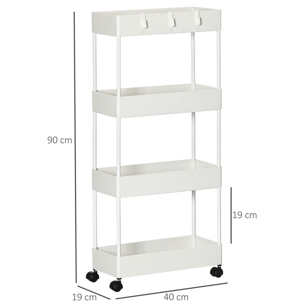 SERVIERWAGEN 40/19/90 cm Weiß mit 4 Ebenen und Rollen - Weiß, Metall (40/90/19cm) - Flora Grace