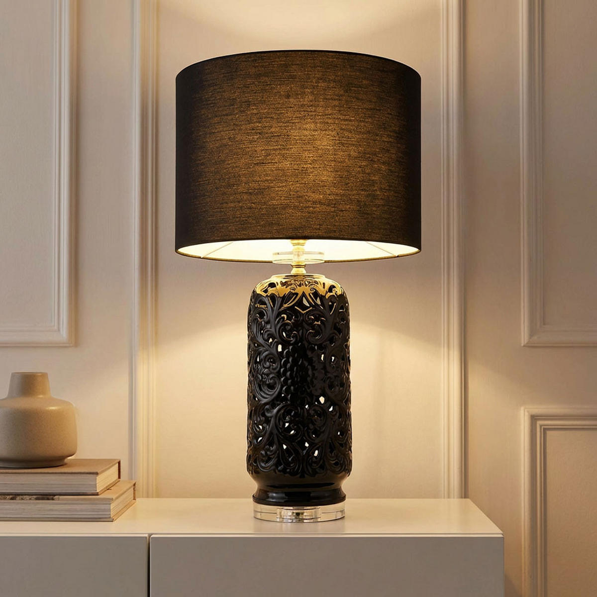 LED TISCHLEUCHTE Keramik Schwarz Textil - Schwarz, Textil (40/40/71cm) - Globo Lighting