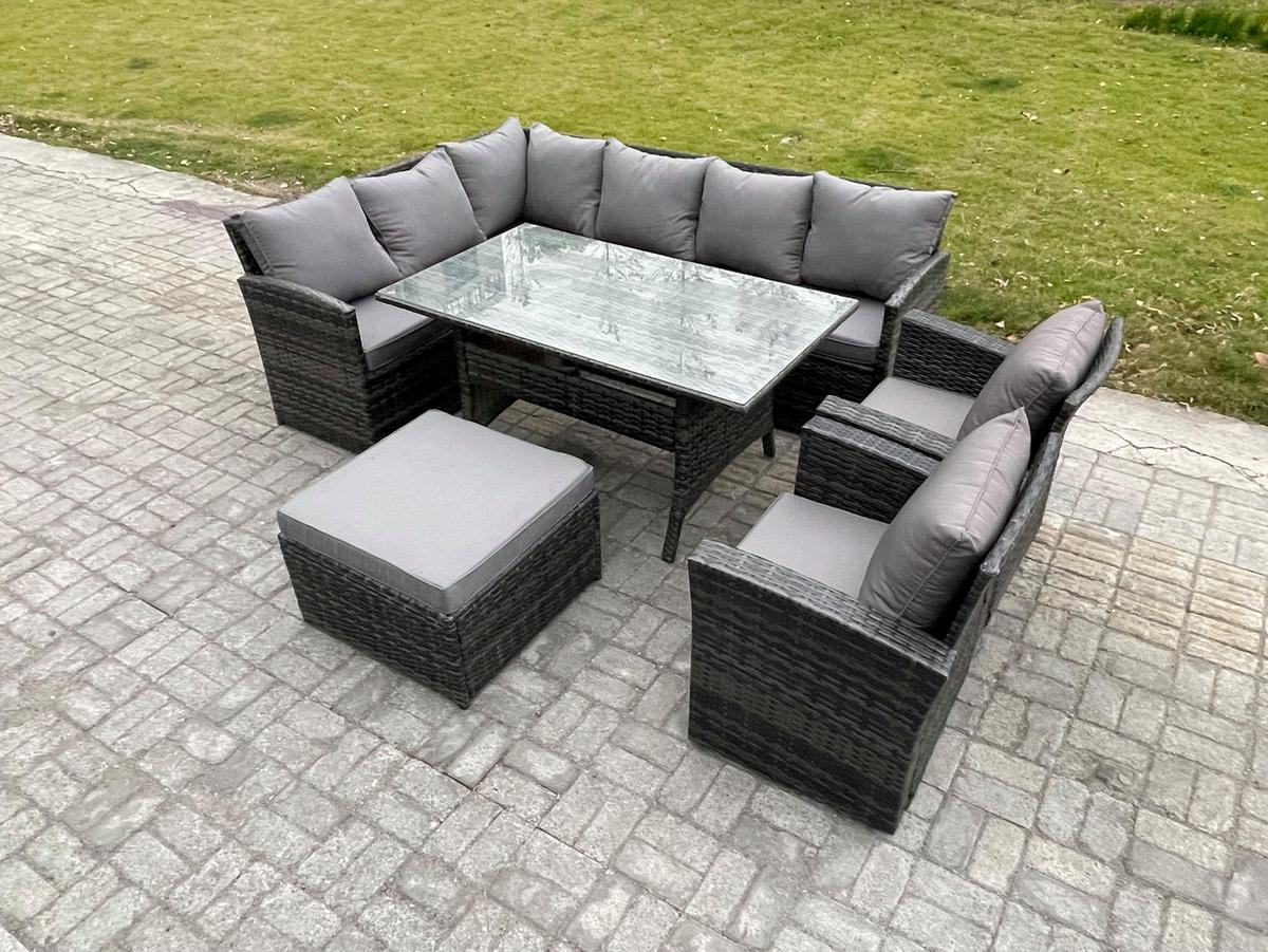 SITZGRUPPE mit Esstisch,Fußhocker,2 Stuhl Polyrattan Dunkelgrau 9-Sitzer - Dunkelgrau/Grau, Glas/Kunststoff - Fimous