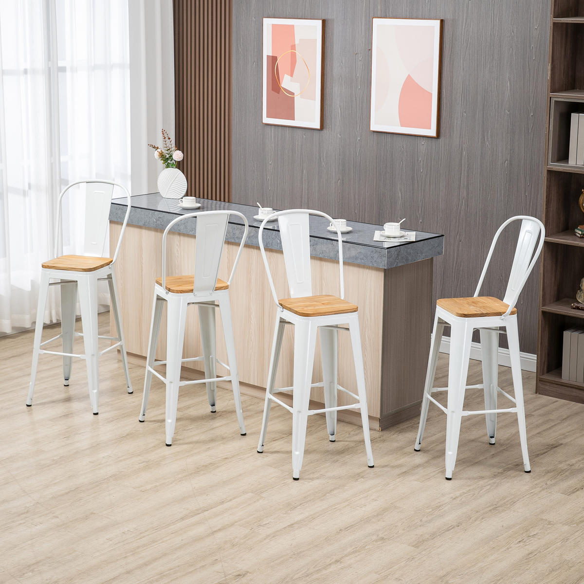 BARHOCKER 4er-Set DE-14711 industriell mit Rückenlehne & Fußstütze Weiß - Creme, Metall (48/117/44cm) - ComfortXL