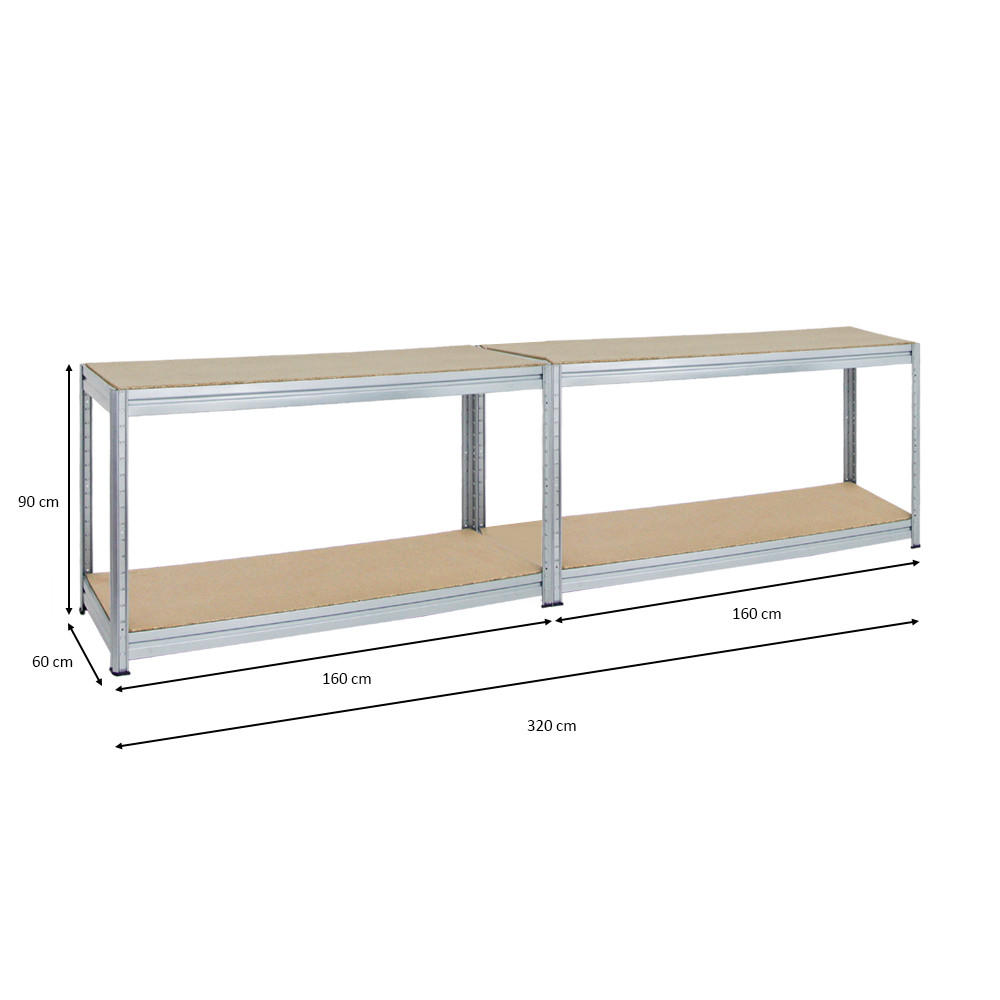 WERKBANK Dino 2er-Set mit 2x höhenverstellbar 90x160x60 cm Traglast 600 kg Verzinkt - Silberfarben, Metall (320/90/60cm) - PROREGAL