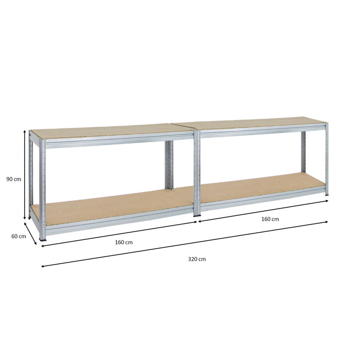 WERKBANK Dino 2er-Set mit 2x höhenverstellbar 90x160x60 cm Traglast 600 kg Verzinkt - Silberfarben, Metall (320/90/60cm) - PROREGAL
