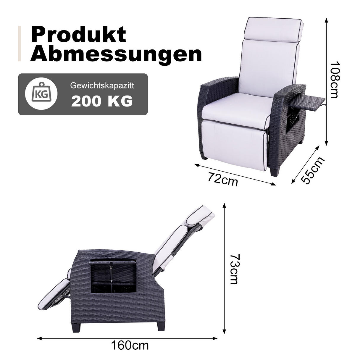 GARTEN-RELAXSESSEL-TY01 - Schwarz, Metall (72/108/55cm) - BELONID
