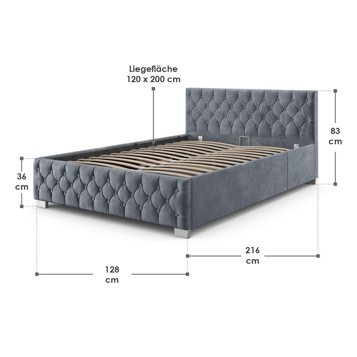 POLSTERBETT Nizza Dunkelgrau 120x200 cm mit Bettkasten und LED - Dunkelgrau, Holzwerkstoff (120/200cm) - Juskys