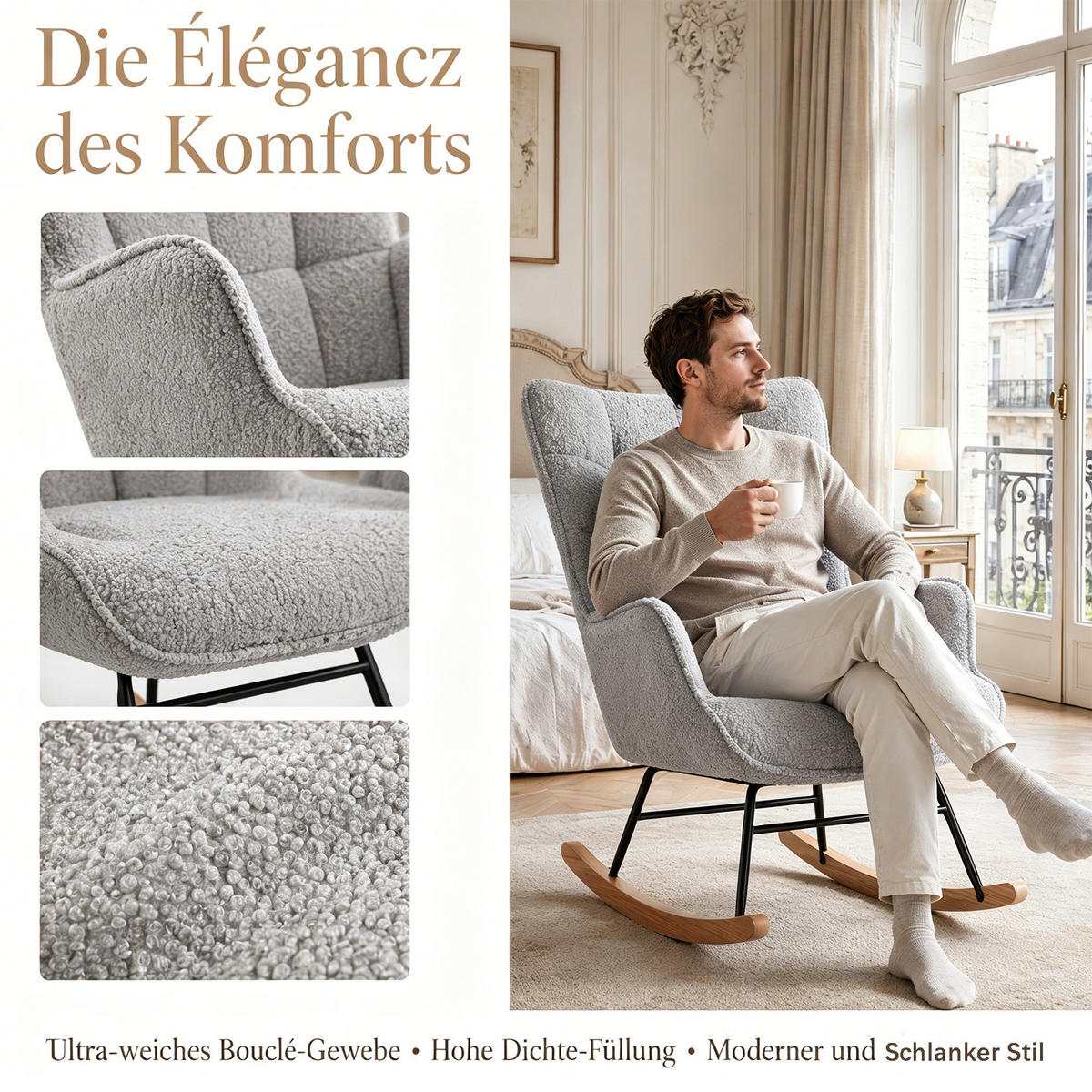 SCHAUKELSTUHL, Entspannend, Teddy-Velours, Belastbarkeit 120 kg, Grau - Grau/Kieferfarben, Holz/Textil (68/92/75cm) - GENKI LIVING