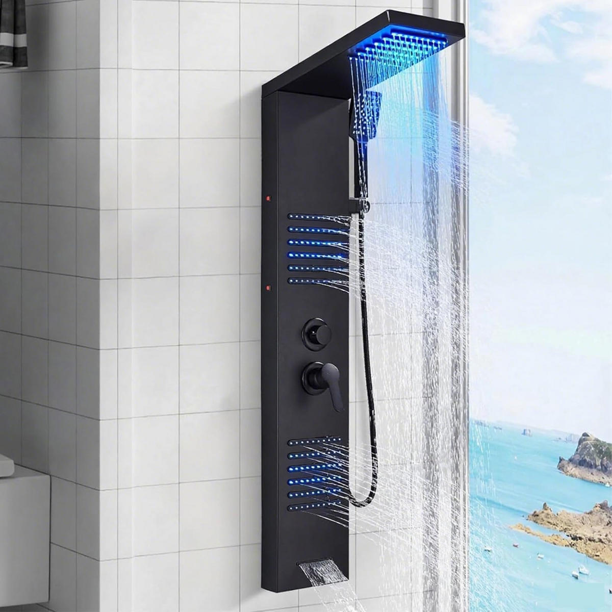 ÜBERKOPFBRAUSESET Schwarz LED Regendusche Massagedüsen - Schwarz, Metall (20/122/46cm) - Kaket