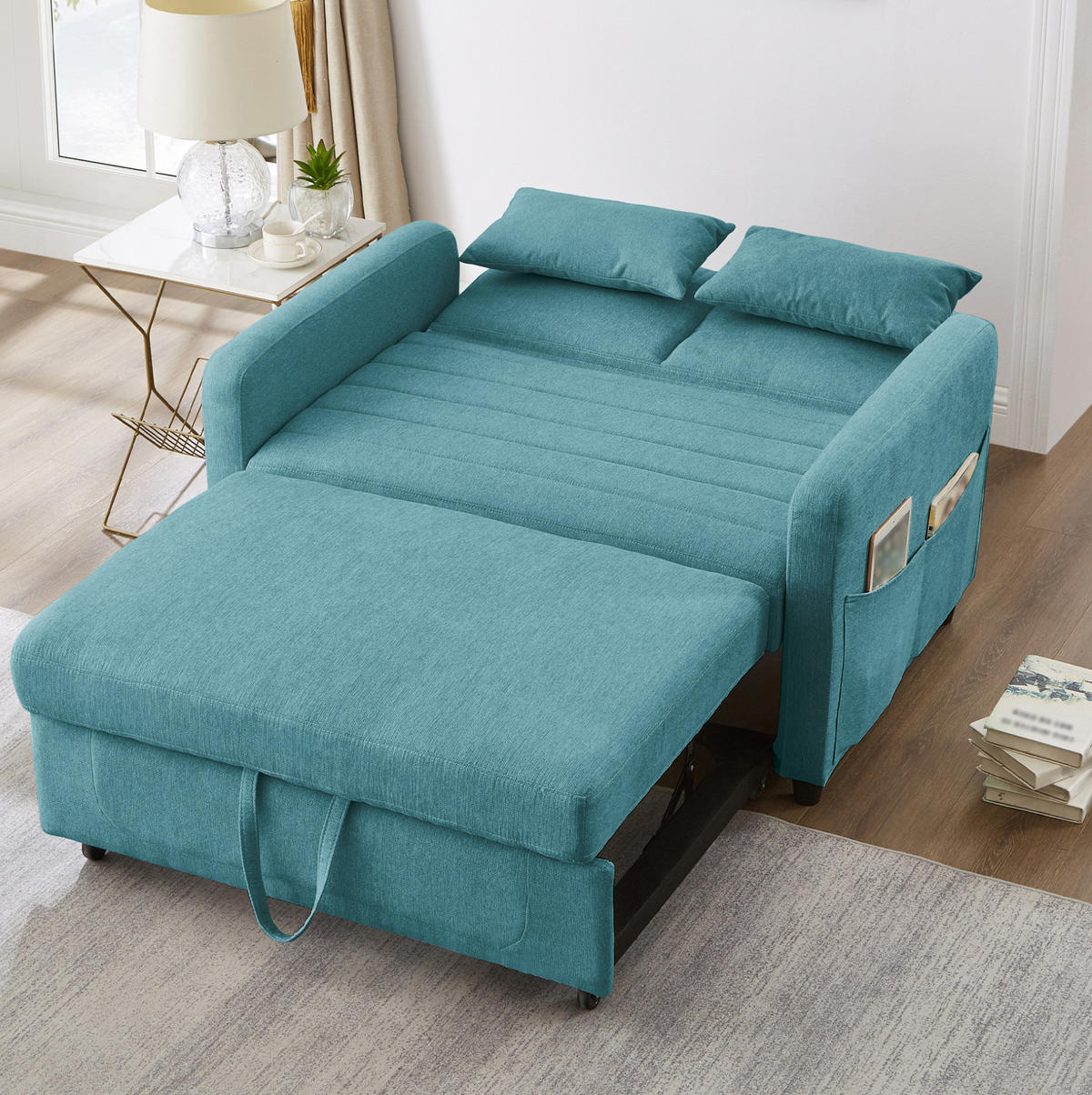 SOFABETT mit Schlaffunktion 166 x 95 cm Baumwoll-Leinen - Blau, Metall (77/82.5/114cm) - Meubliv