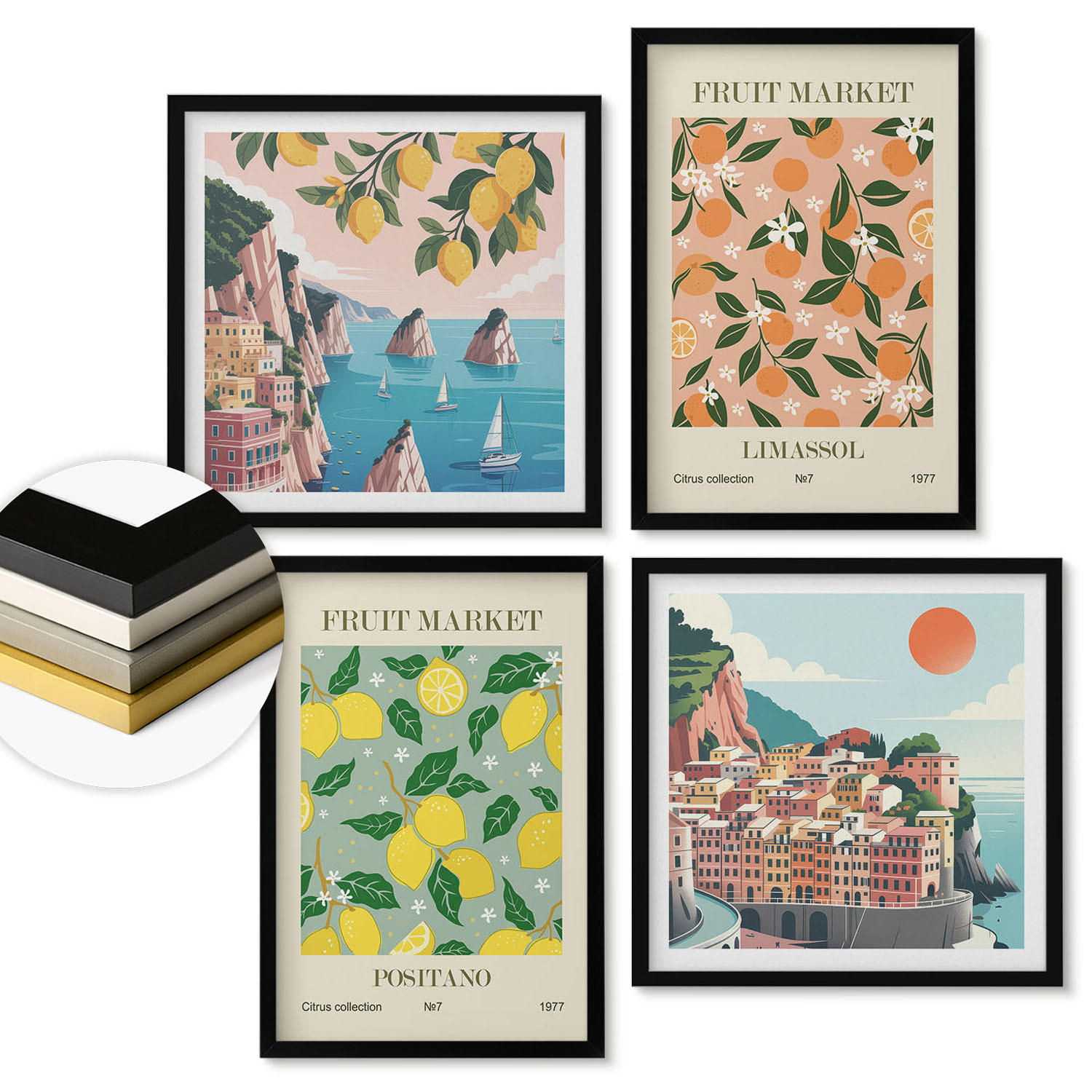 WANDBILDER 4er-Set - 50x50 cm & 40x60 cm Schwarzer Rahmen - Zitrusfrüchte der italienischen Tropen - Schwarz, Kunststoff (50/50cm) - ArtPrintCave