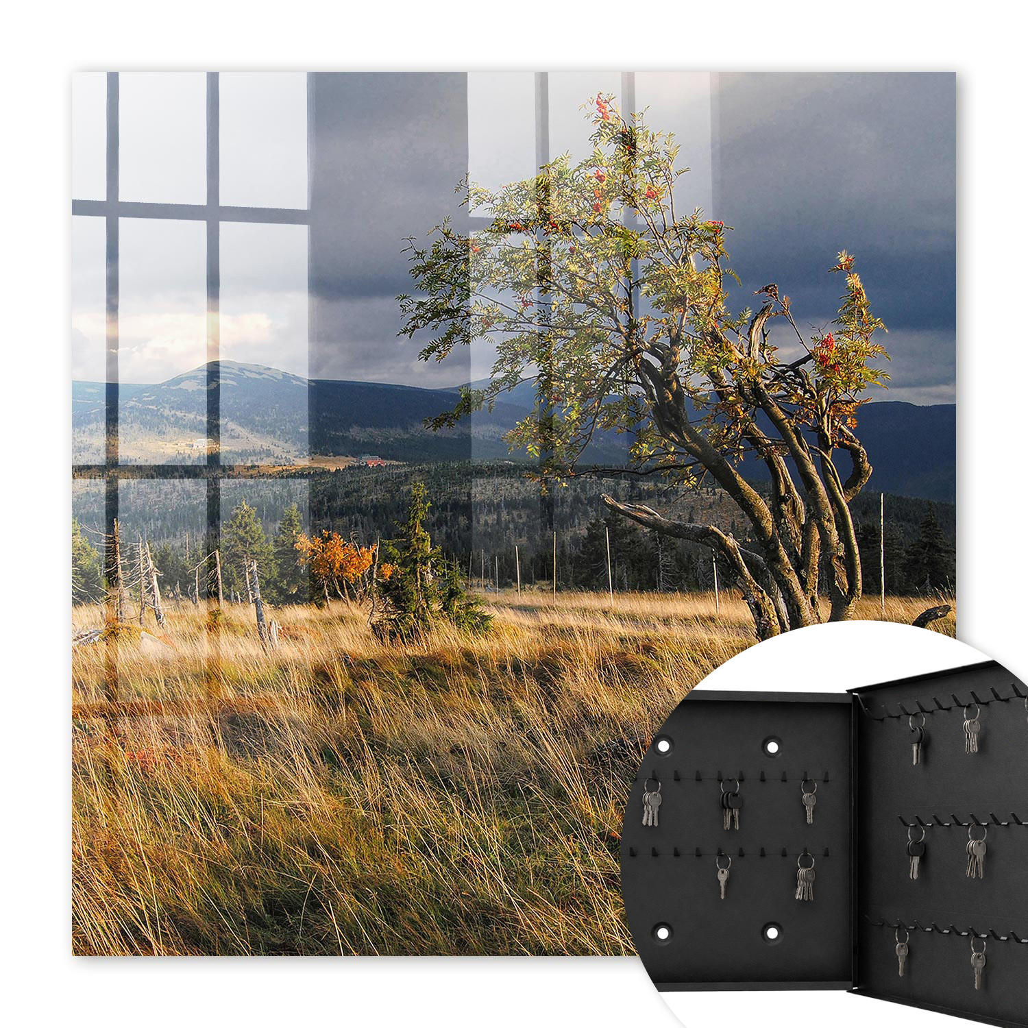 SCHLÜSSELBOX Schwarz 30x30 cm- Türöffnung nach rechts - Herbstlandschaft - Grün, Metall (30/30/5cm) - TULUP