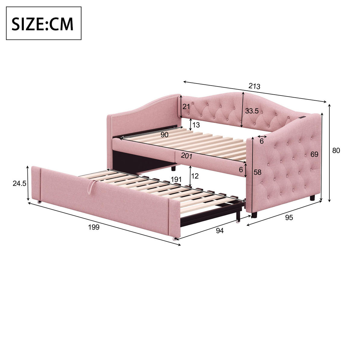ČALÚNENÁ posteľ z ľanovej látky 90x200 cm ružová s USB portom a lamelovým roštom - pink, textil (90/200cm) - Modfu