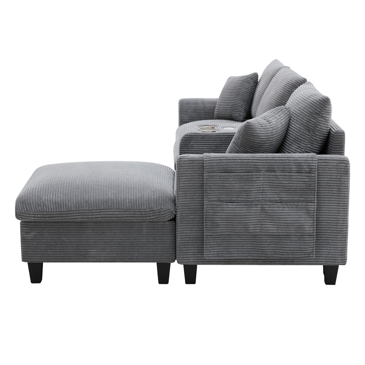 ECKSOFA L-Form 4-Sitzer mit USB-Anschlüssen & Armlehnen Aufbewahrungstaschen Cord Grau 229/149,5/83 cm - Grau, Textil (229/149.5cm) - OKWISH