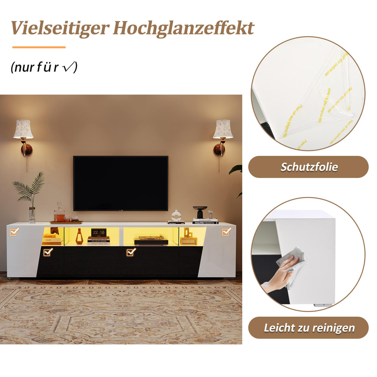 TV LOWBOARD 180cm Hochglanz LED 2 Schubladen 2 Schränke Weiß Schwarz - Weiß, Holzwerkstoff (38.5/45/180cm) - FLIEKS