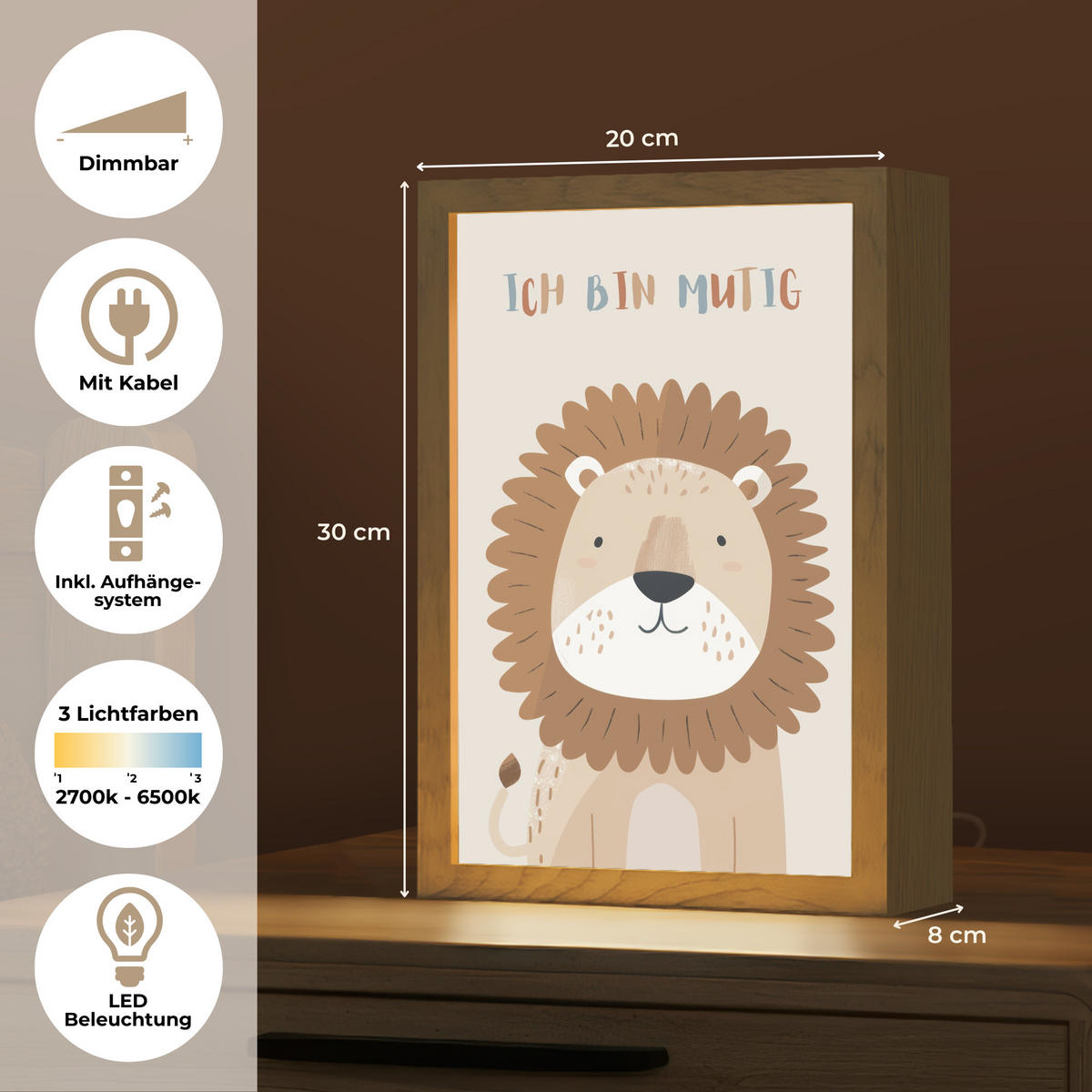 NACHTTISCHLAMPE Löwe - Beige - Tier - Mutig - Zitat 20x30 cm - Beige, Holzwerkstoff (8/20/30cm)