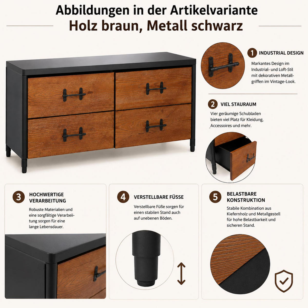 KOMMODE Braun - Braun, Holz (120/60/40cm) - MCW
