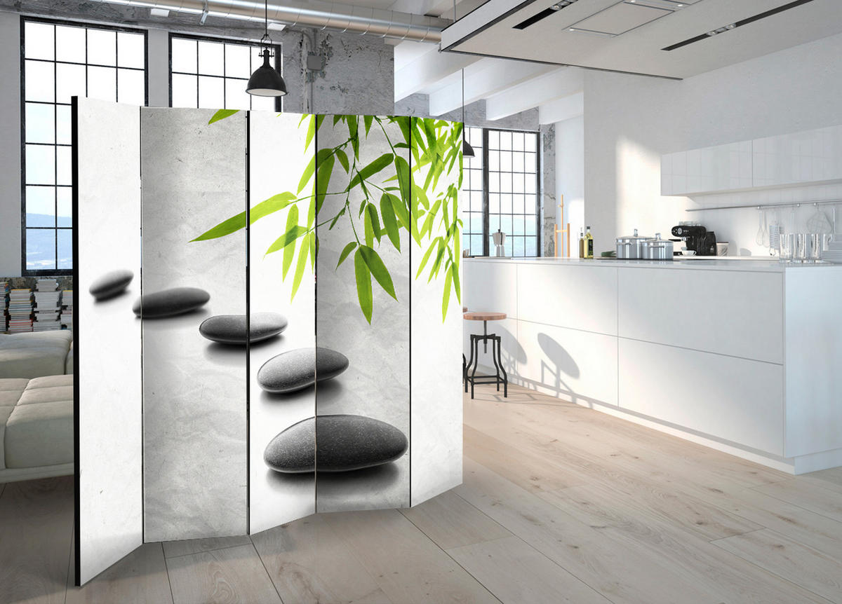 PARAVÁN Akustický 5-Dielny 225x172 cm Zen Kamene pre Spa - sivá, drevo/textil (225/172/3cm) - Muralo