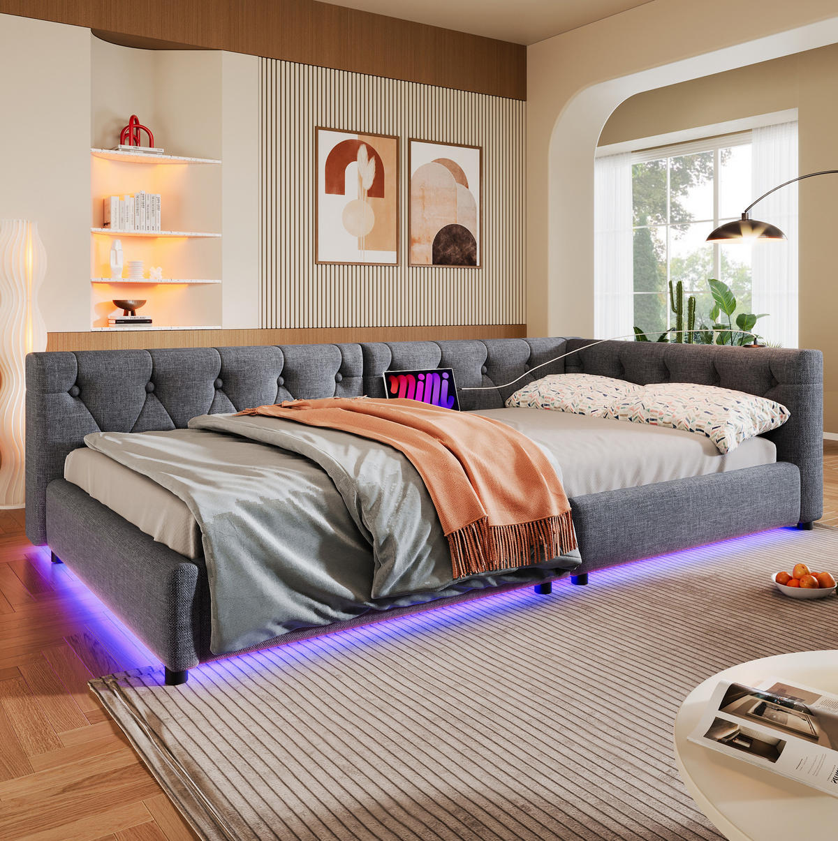 POLSTERBETT 90/200 cm mit Leinenbezug, LED-Beleuchtung, USB- und Type-C-Anschluss, Lattenrost und Knopfheftung, Grau - Grau, Textil (90/200cm) - Redom