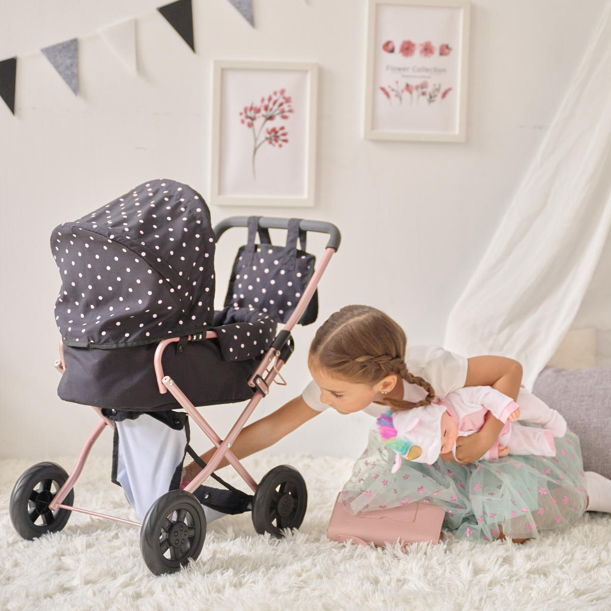 PUPPENWAGEN 2-in-1 Klassiker, Schwarz, 64cm - Schwarz, Holzwerkstoff (37/64/56cm) - Teamson Kids