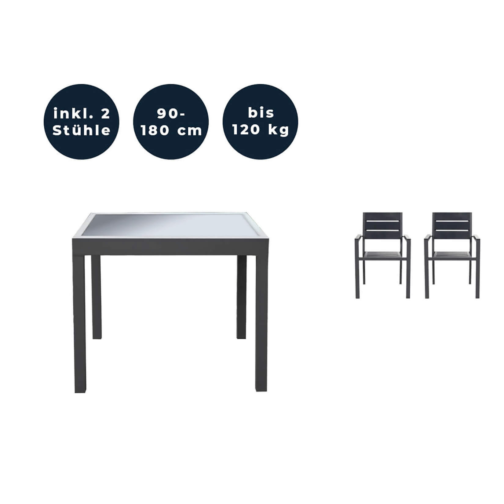 SITZGRUPPE VERANO MADERA - 3 tlg. - Anthrazit/Hellgrau, Glas/Metall - Home Deluxe