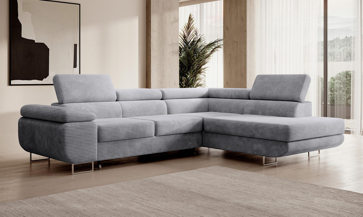 ECKSOFA Stevil Hellgrau Cordbezug - Silberfarben/Hellgrau, Textil/Metall (275/203cm) - Selsey