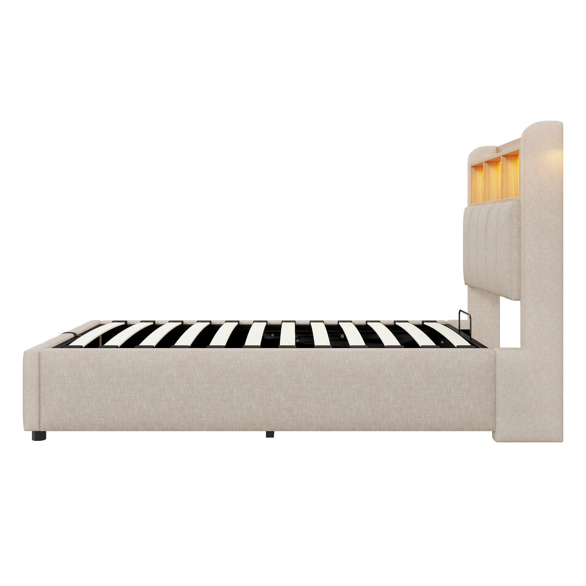 POLSTERBETT 90/200 cm Beige mit USB- und LED-Beleuchtung und hydraulischem Stauraum - Beige, Textil (90/200cm) - OKWISH