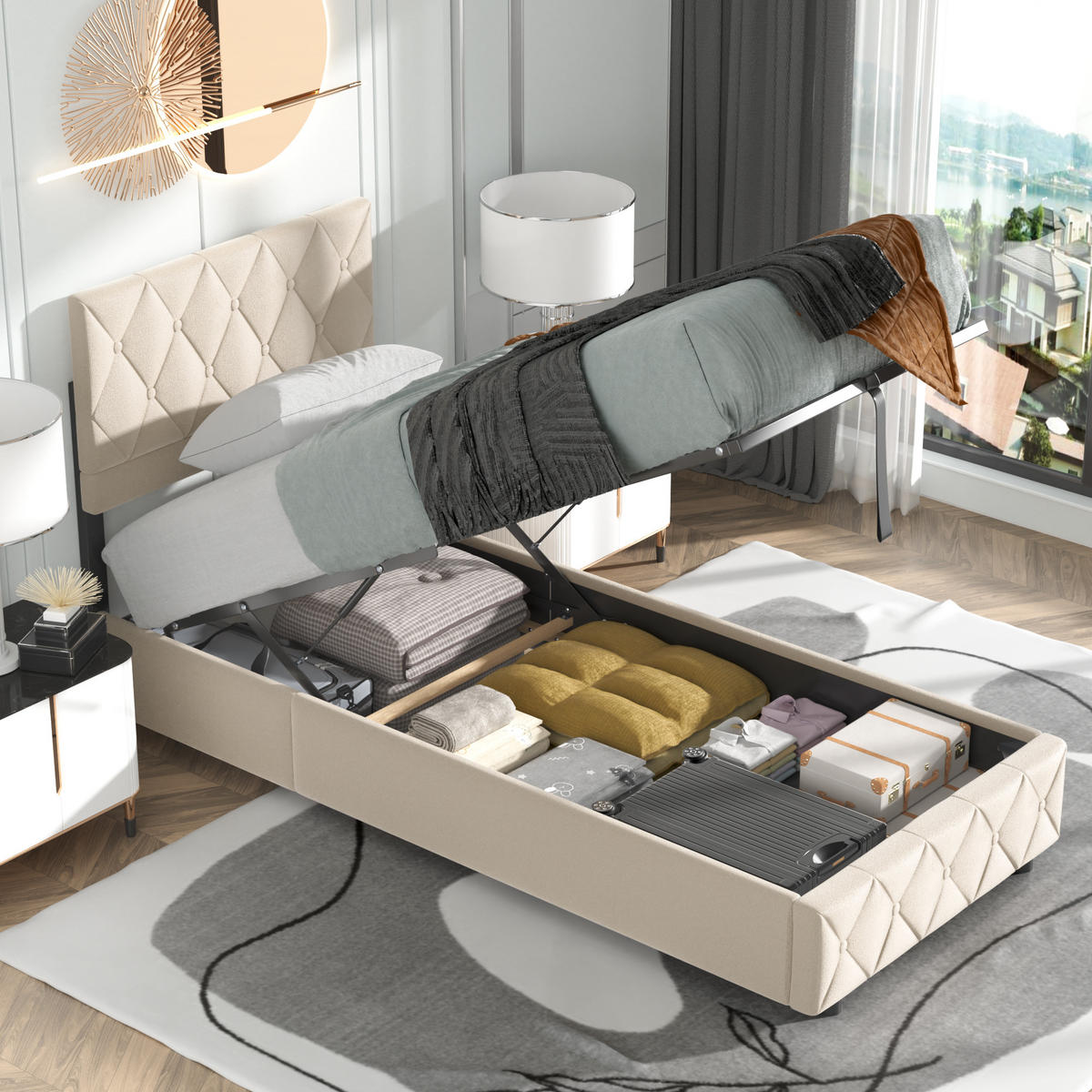POLSTERBETT 90/200 cm mit hydraulischem Stauraum aus Samt, Beige - Beige, Textil (90/200cm) - Redom