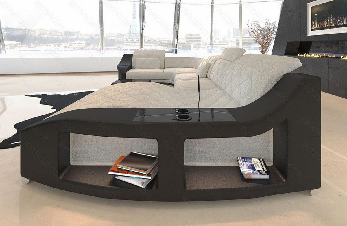 WOHNLANDSCHAFT Stoff Sofa Swing U Form Elfenbein Schwarz Strukturstoff - Creme, Kunststoff (404/90/220cm)