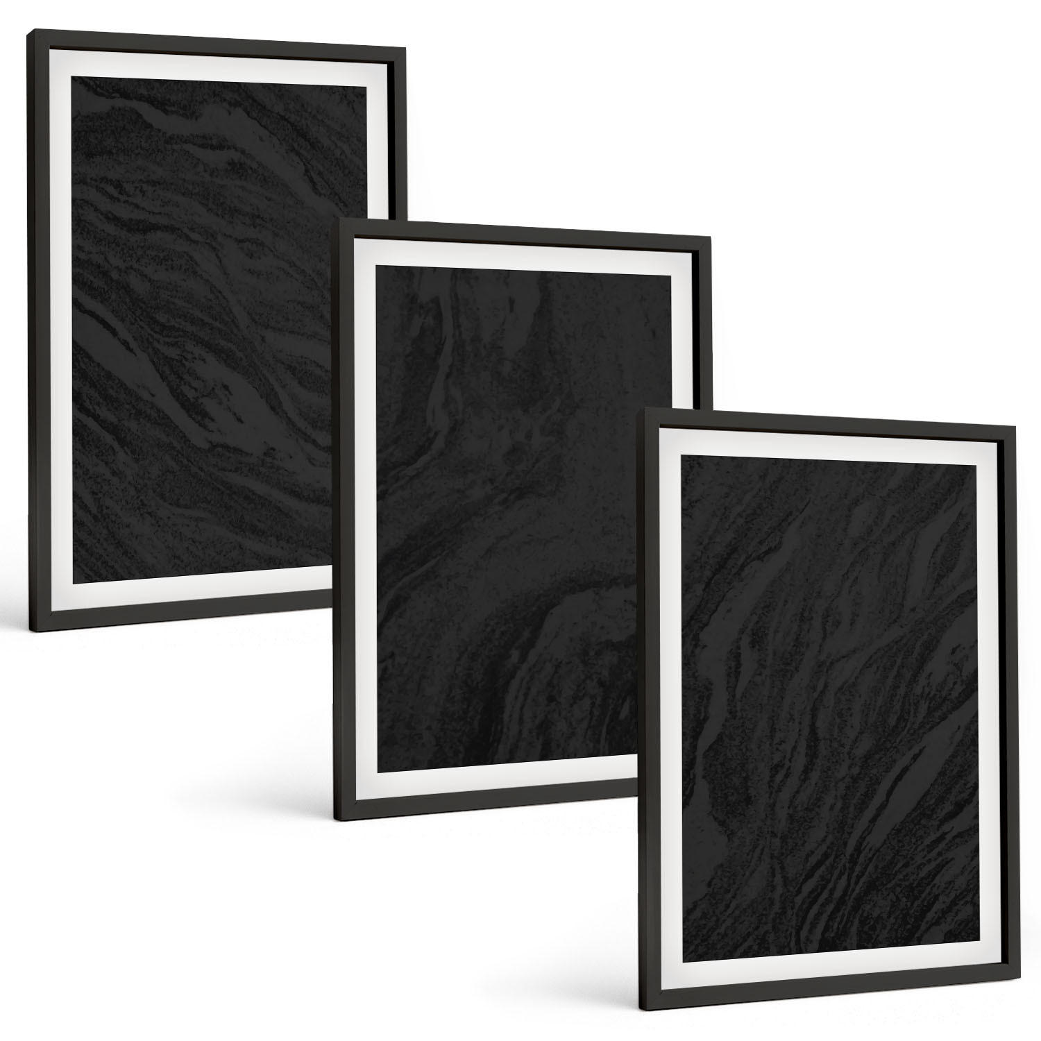 BILDER SET 3er Set - 40x60 cm Schwarzer Rahmen - Dunkler Marmor, elegante Texturen - Schwarz, Kunststoff (40/60cm) - TULUP